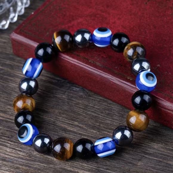 Hematite UNISEX Tiger Eye Evil Eye Stone Combination Triple Protection Bracelet - Picture 4 of 8